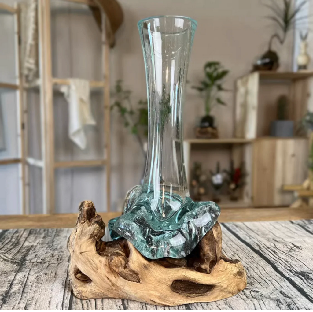 Vase en bois et verre soufflé 16"