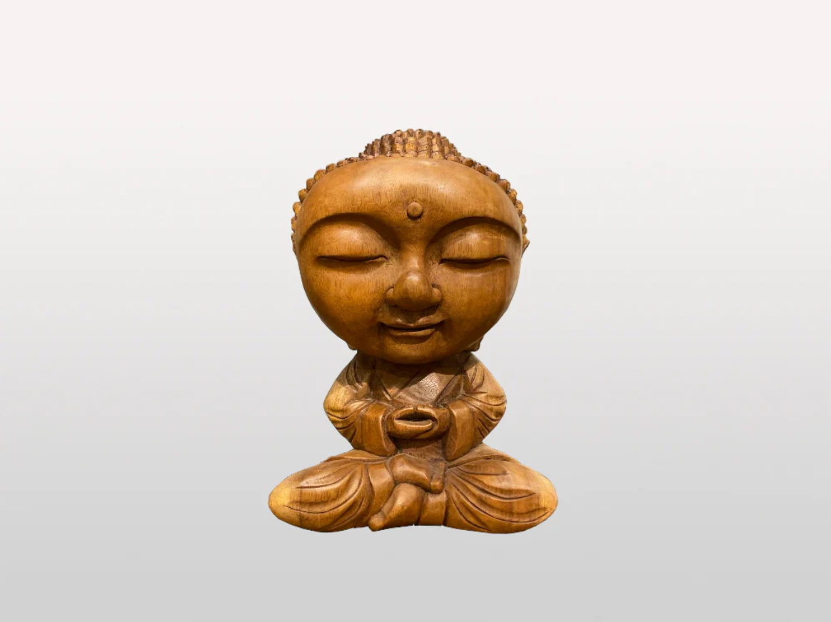 Bouddha assis grosse tête bois de Suar
